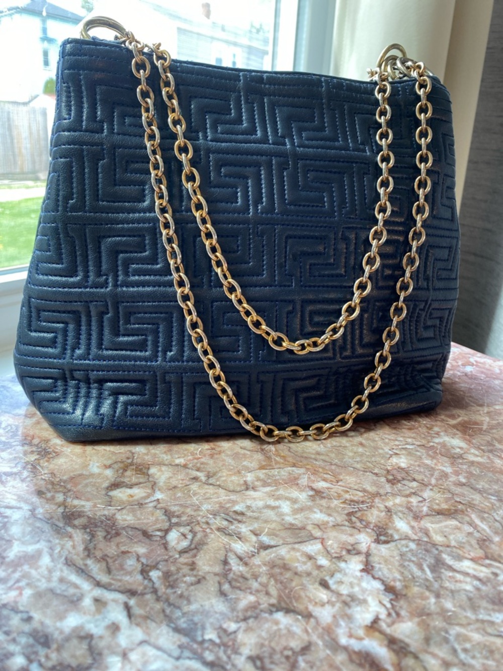 LJ Simone Textured Black Shoulder Bag with Gold Chain Handles